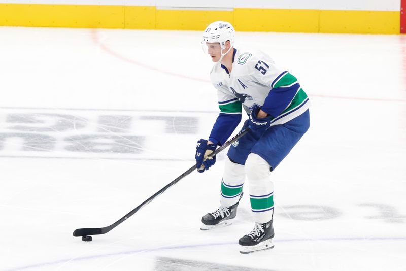 Oct 16, 2025; Dallas, Texas, USA; Vancouver Canucks defenseman Tyler Myers (57) in action against the Dallas Stars during the third period at American Airlines Center. Mandatory Credit: Chris Jones-Imagn Images