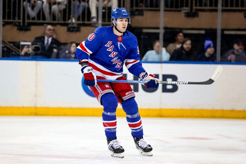 Jan 2, 2024; New York, New York, USA; New York Rangers left wing Will Cuylle (50) skates against the Carolina Hurricanes during the first period at Madison Square Garden. Mandatory Credit: Danny Wild-USA TODAY Sports