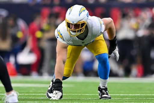 Los Angeles Chargers linebacker Joey Bosa (97) lines up in coverage against the Houston Texans in the first half during an NFL wild-card playoff football game, Saturday, Jan. 11, 2025, in Houston The Texans defeated the Chargers 32-12. (AP Photo/Maria Lysaker)