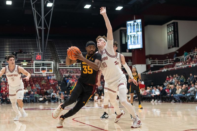 Feb 9, 2023; Stanford, California, USA;  Arizona State Sun Devils guard Devan Cambridge (35) drives around Stanford Cardinal forward Max Murrell (10) during the second half at Maples Pavilion. Mandatory Credit: Stan Szeto-USA TODAY Sports