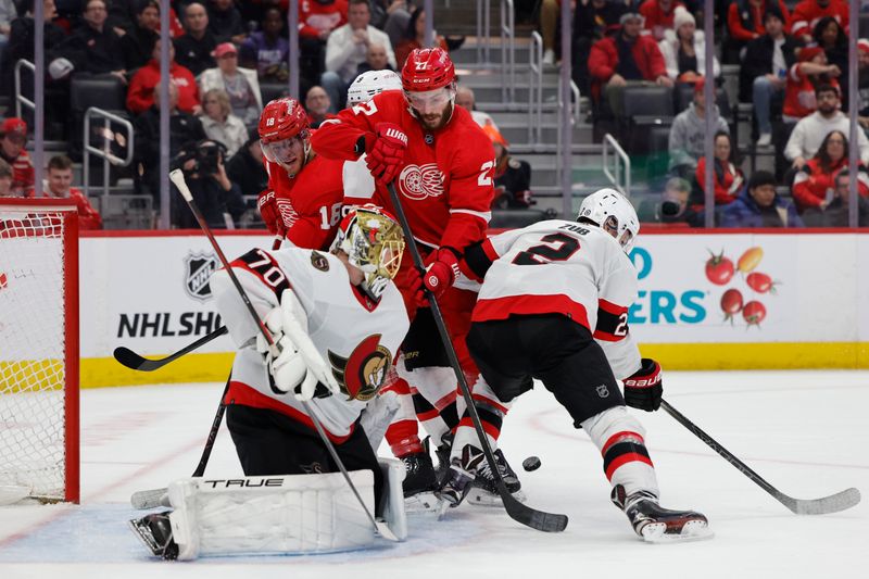 Jan 31, 2024; Detroit, Michigan, USA;  Ottawa Senators goaltender Joonas Korpisalo (70) makes a save on Detroit Red Wings center Michael Rasmussen (27) in the second period at Little Caesars Arena. Mandatory Credit: Rick Osentoski-USA TODAY Sports