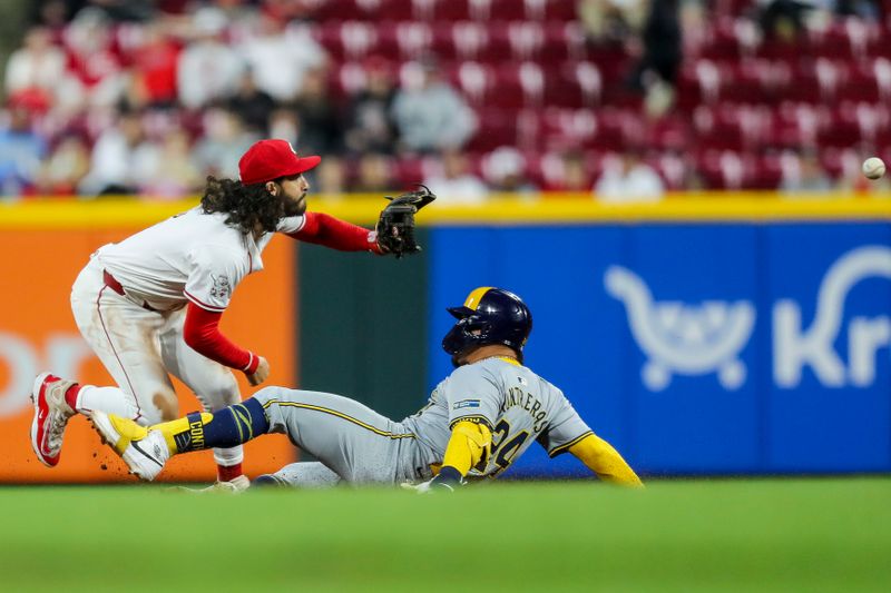 Apr 9, 2024; Cincinnati, Ohio, USA; Milwaukee Brewers catcher William Contreras (24) slides into second base against Cincinnati Reds second baseman Jonathan India (6) in the fifth inning at Great American Ball Park. Mandatory Credit: Katie Stratman-USA TODAY Sports