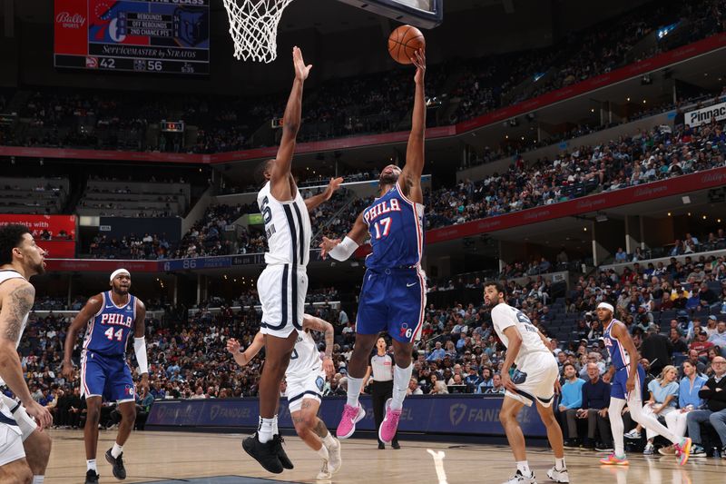 MEMPHIS, TN - APRIL 6: Buddy Heild #17 of the Philadelphia 76ers drives to the basket during the game against the Memphis Grizzlies on April 6, 2024 at FedExForum in Memphis, Tennessee. NOTE TO USER: User expressly acknowledges and agrees that, by downloading and or using this photograph, User is consenting to the terms and conditions of the Getty Images License Agreement. Mandatory Copyright Notice: Copyright 2024 NBAE (Photo by Joe Murphy/NBAE via Getty Images)