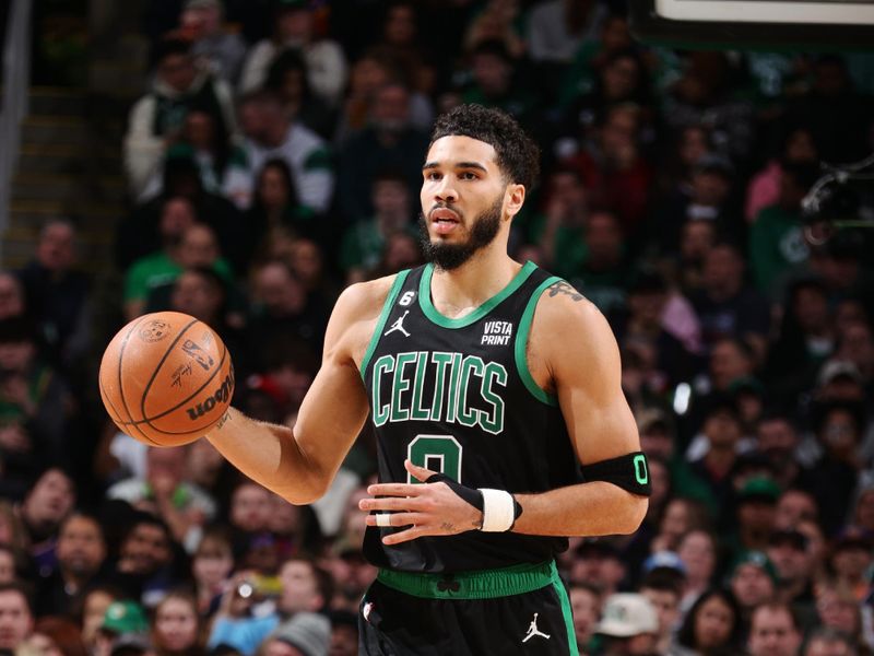 BOSTON, MA - FEBRUARY 3: Jayson Tatum #0 of the Boston Celtics dribbles the ball during the game against the Phoenix Suns on February 3, 2023 at TD Garden in Boston, Massachusetts.  NOTE TO USER: User expressly acknowledges and agrees that, by downloading and or using this photograph, User is consenting to the terms and conditions of the Getty Images License Agreement. Mandatory Copyright Notice: Copyright 2022 NBAE  (Photo by Nathaniel S. Butler/NBAE via Getty Images)