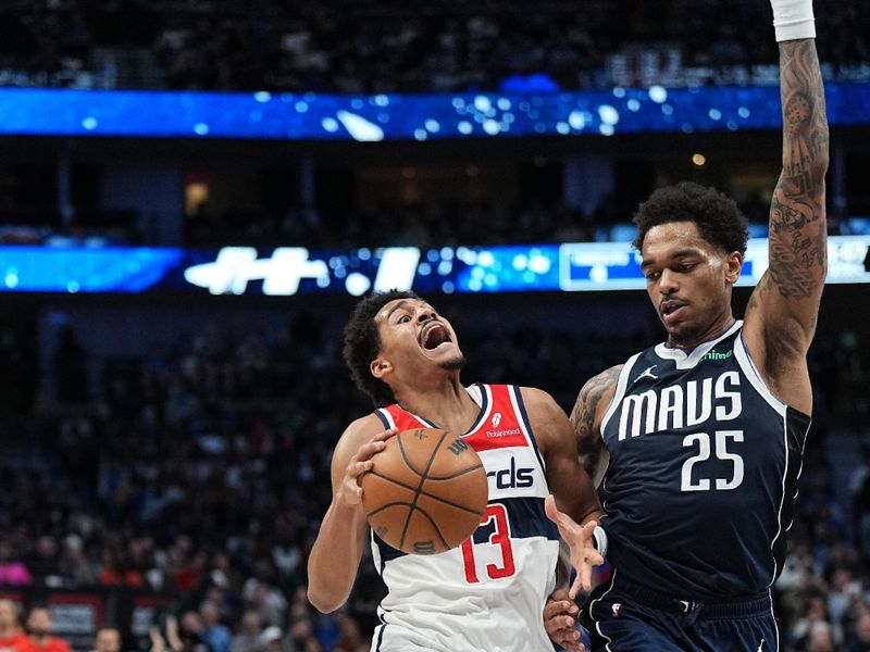 DALLAS, TX - FEBRUARY 12: Jordan Poole #13 of the Washington Wizards drives to the basket during the game against the Dallas Mavericks on February 12, 2024 at the American Airlines Center in Dallas, Texas. NOTE TO USER: User expressly acknowledges and agrees that, by downloading and or using this photograph, User is consenting to the terms and conditions of the Getty Images License Agreement. Mandatory Copyright Notice: Copyright 2024 NBAE (Photo by Glenn James/NBAE via Getty Images)