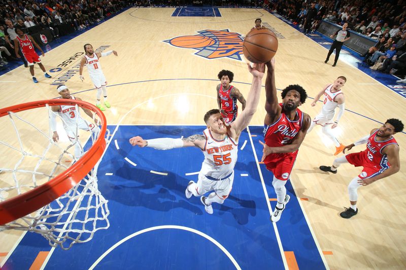 NEW YORK, NY - APRIL 20:  Joel Embiid #21 of the Philadelphia 76ers goes to the basket during the game against the New York Knicks during Round 1 Game 1 of the 2024 NBA Playoffs on April 20, 2024 at Madison Square Garden in New York City, New York.  NOTE TO USER: User expressly acknowledges and agrees that, by downloading and or using this photograph, User is consenting to the terms and conditions of the Getty Images License Agreement. Mandatory Copyright Notice: Copyright 2024 NBAE  (Photo by Nathaniel S. Butler/NBAE via Getty Images)