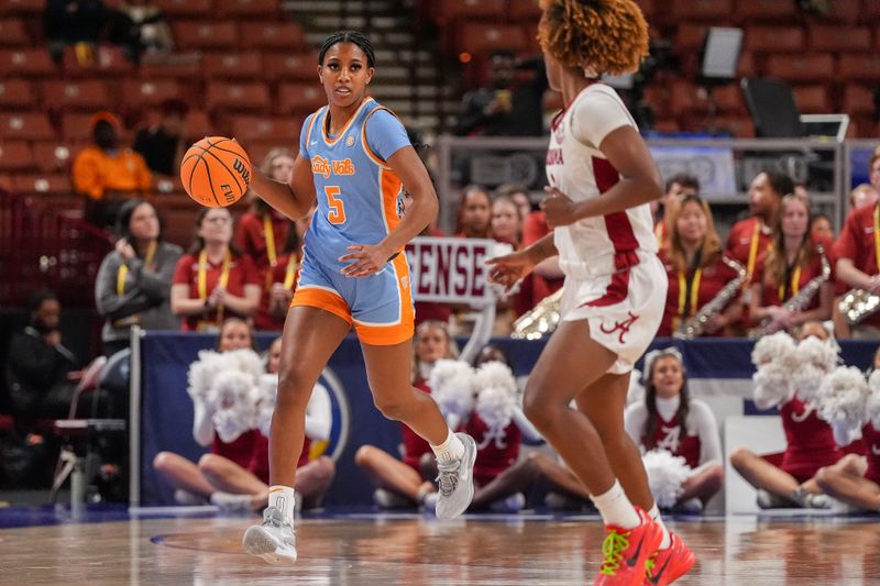 Mar 8, 2024; Greensville, SC, USA; Tennessee Lady Vols guard Kaiya Wynn (5) brings the ball up court against the Alabama Crimson Tide during the second half at Bon Secours Wellness Arena. Mandatory Credit: Jim Dedmon-USA TODAY Sports