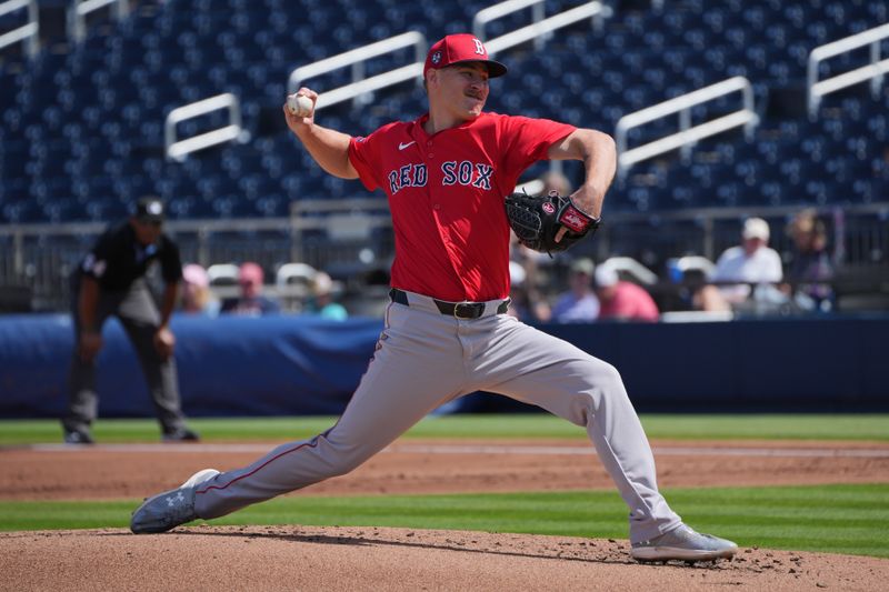 Feb 28, 2024; West Palm Beach, Florida, USA;  Boston Red Sox pitcher Josh Winckowski (25) pitches against the Washington Nationals in the first inning at The Ballpark of the Palm Beaches. Mandatory Credit: Jim Rassol-USA TODAY Sports