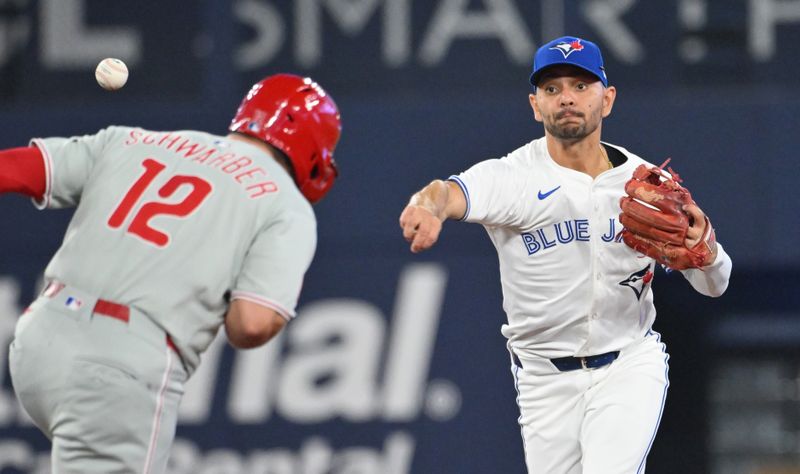 Jun 4, 2025; Toronto, Ontario, CAN;  Toronto Blue Jays second baseman Andres Gimenez (0) throws to first for a double play after forcing out Philadelphia Phillis designated hitter Kyle Schwarber (12) in the fourt inning at Rogers Centre. Mandatory Credit: Dan Hamilton-Imagn Images