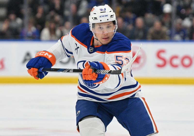 Nov 16, 2024; Toronto, Ontario, CAN;  Edmonton Oilers forward Jeff Skinner (53) pursues the play against the Toronto Maple Leafs in the second period at Scotiabank Arena. Mandatory Credit: Dan Hamilton-Imagn Images