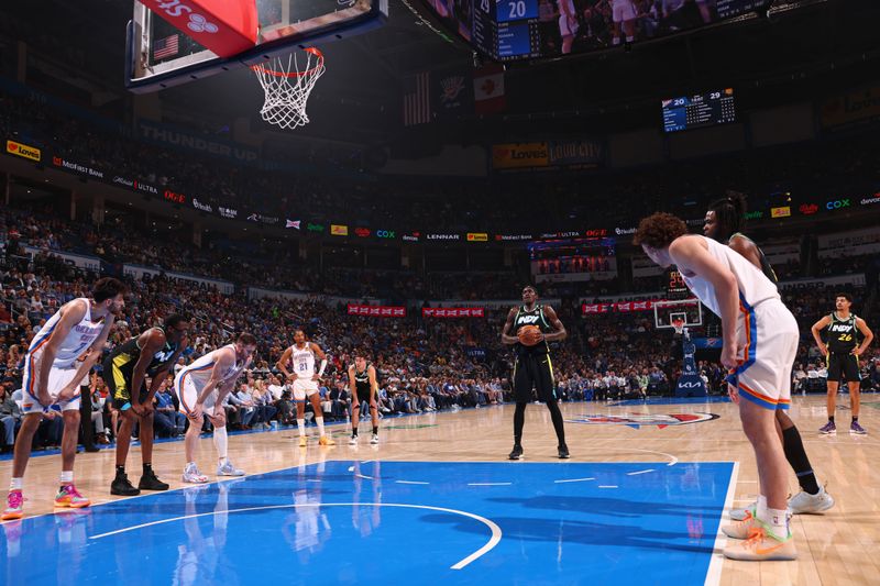 OKLAHOMA CITY, OK - MARCH 12: Pascal Siakam #43 of the Indiana Pacers prepares to shoot a free throw during the game against the Oklahoma City Thunder on March 12, 2024 at Paycom Arena in Oklahoma City, Oklahoma. NOTE TO USER: User expressly acknowledges and agrees that, by downloading and or using this photograph, User is consenting to the terms and conditions of the Getty Images License Agreement. Mandatory Copyright Notice: Copyright 2024 NBAE (Photo by Zach Beeker/NBAE via Getty Images)