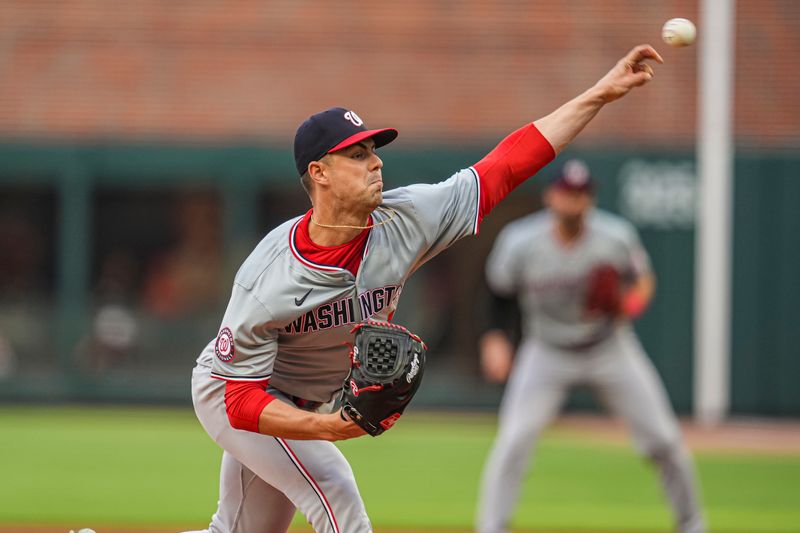 May 29, 2024; Cumberland, Georgia, USA; Washington Nationals starting pitcher MacKenzie Gore (1) pitches against the Atlanta Braves during the first inning at Truist Park. Mandatory Credit: Dale Zanine-USA TODAY Sports