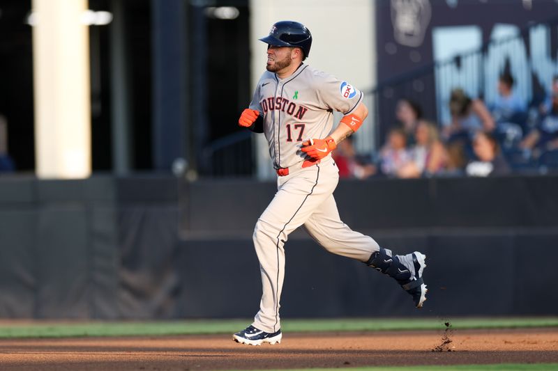 May 19, 2025; Tampa, Florida, USA; Houston Astros catcher Victor Caratini (17) runs the bases after hitting a home run against the Tampa Bay Rays in the second inning at George M. Steinbrenner Field. Mandatory Credit: Nathan Ray Seebeck-Imagn Images