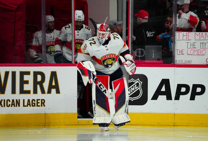 Mar 14, 2024; Raleigh, North Carolina, USA; Florida Panthers goaltender Sergei Bobrovsky (72) comes out onto  the ice for the warmups before the game against the Carolina Hurricanes at PNC Arena. Mandatory Credit: James Guillory-USA TODAY Sports