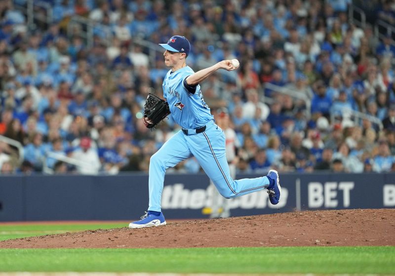 Aug 7, 2024; Toronto, Ontario, CAN; Toronto Blue Jays relief pitcher Ryan Yarbrough (35) throws a pitch against the Baltimore Orioles during the eighth inning at Rogers Centre. Mandatory Credit: Nick Turchiaro-USA TODAY Sports