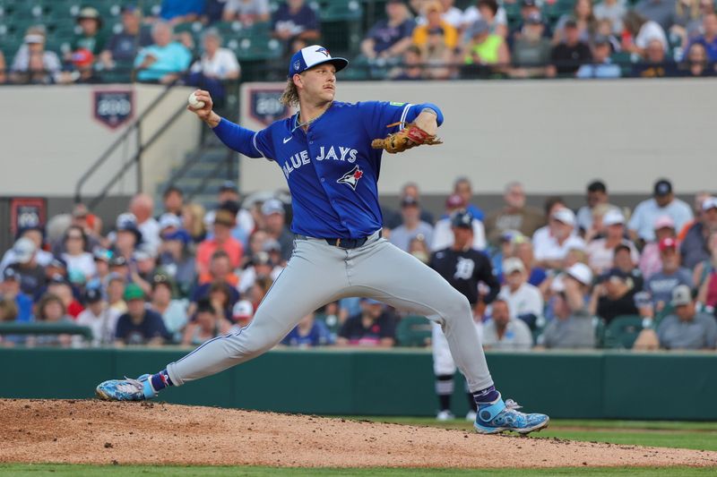 Mar 7, 2024; Lakeland, Florida, USA; Toronto Blue Jays relief pitcher Bowden Francis (44) pitches during the first inning against the Detroit Tigers at Publix Field at Joker Marchant Stadium. Mandatory Credit: Mike Watters-USA TODAY Sports