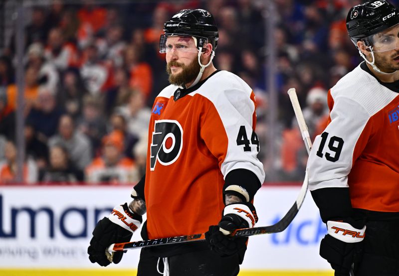 Feb 24, 2024; Philadelphia, Pennsylvania, USA; Philadelphia Flyers left wing Nicolas Deslauriers (44) looks on against the New York Rangers in the second period at Wells Fargo Center. Mandatory Credit: Kyle Ross-USA TODAY Sports