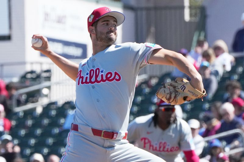 Feb 24, 2026; Jupiter, Florida, USA;  Philadelphia Phillies pitcher Max Lazar (60) pitches in the second inning against the Miami Marlins at Roger Dean Chevrolet Stadium. Mandatory Credit: Jim Rassol-Imagn Images