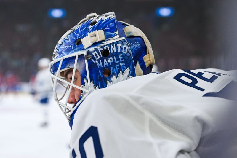 Sep 25, 2025; Montreal, Quebec, CAN; Toronto Maple Leafs goalie Vyacheslav Peksa (50) looks on during warm-up before the game against the Montreal Canadiens at Bell Centre. Mandatory Credit: David Kirouac-Imagn Images