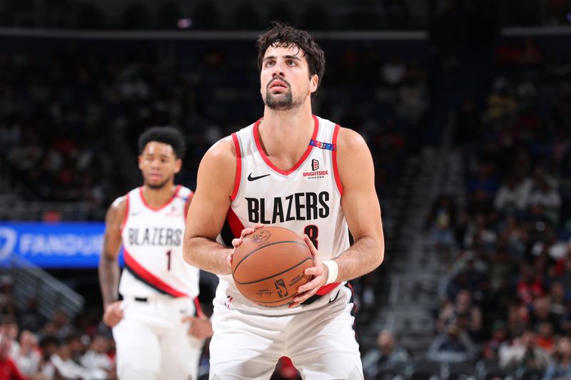 CHICAGO, IL - NOVEMBER 4:  Deni Avdija #8 of the Portland Trail Blazers shoots a free throw during the game against the New Orleans Pelicans on November 4, 2024 at Smoothie King Center in New Orleans, Louisiana. NOTE TO USER: User expressly acknowledges and agrees that, by downloading and or using this photograph, User is consenting to the terms and conditions of the Getty Images License Agreement. Mandatory Copyright Notice: Copyright 2024 NBAE (Photo by Jeff Haynes/NBAE via Getty Images)