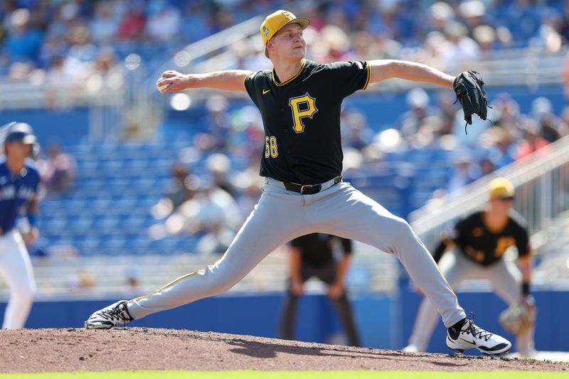 Mar 6, 2026; Dunedin, Florida, USA; Pittsburgh Pirates pitcher Noah Murdock (58) throws a pitch against the Toronto Blue Jays in the fifth inning during spring training at TD Ballpark. Mandatory Credit: Nathan Ray Seebeck-Imagn Images