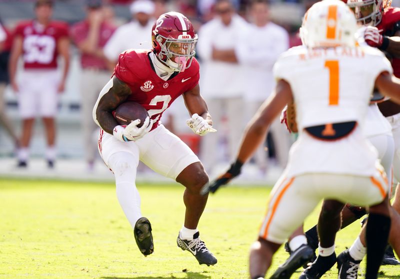 Oct 21, 2023; Tuscaloosa, Alabama, USA; Alabama Crimson Tide running back Jase McClellan (2) runs the ball against the Tennessee Volunteers during the first half at Bryant-Denny Stadium. Mandatory Credit: John David Mercer-USA TODAY Sports