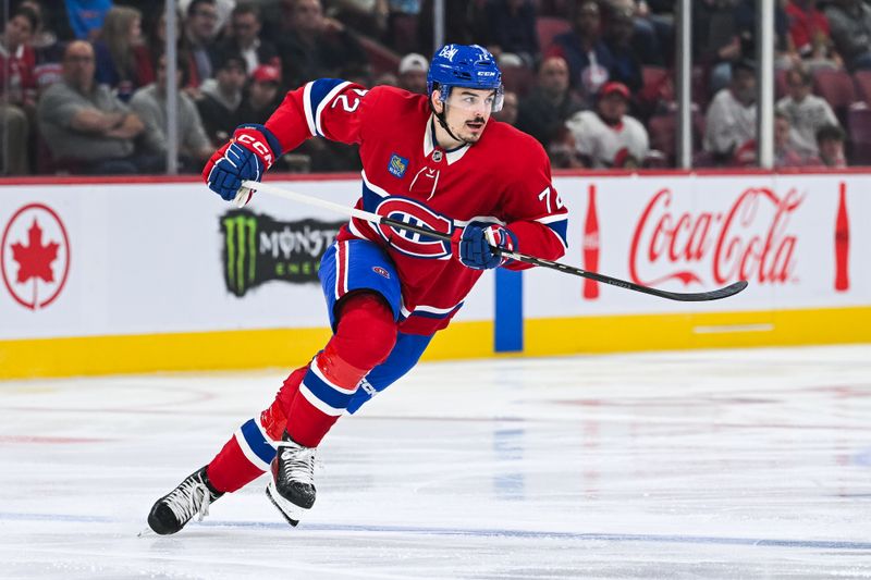 Oct 1, 2024; Montreal, Quebec, CAN; Montreal Canadiens defenseman Arber Xhekaj (72) skates towards the play against the Ottawa Senators during the second period at Bell Centre. Mandatory Credit: David Kirouac-Imagn Images