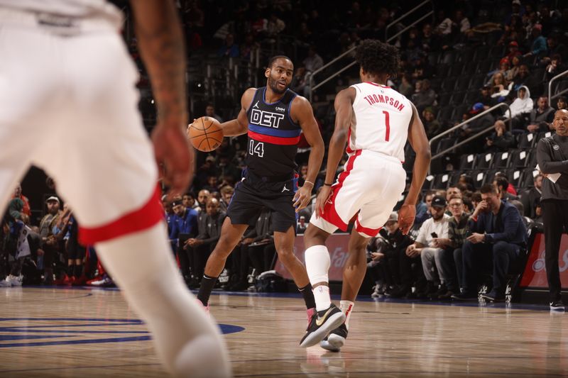 DETROIT, MI - JANUARY 12: Alec Burks #14 of the Detroit Pistons handles the ball during the game against the Houston Rockets on January 12, 2024 at Little Caesars Arena in Detroit, Michigan. NOTE TO USER: User expressly acknowledges and agrees that, by downloading and/or using this photograph, User is consenting to the terms and conditions of the Getty Images License Agreement. Mandatory Copyright Notice: Copyright 2024 NBAE (Photo by Brian Sevald/NBAE via Getty Images)