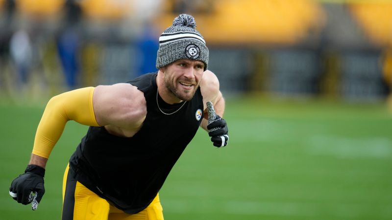 Pittsburgh Steelers linebacker T.J. Watt (90) during warmups before an NFL football game against the Cincinnati Bengals, Saturday, Dec. 23, 2023, in Pittsburgh. (AP Photo/Gene J. Puskar)