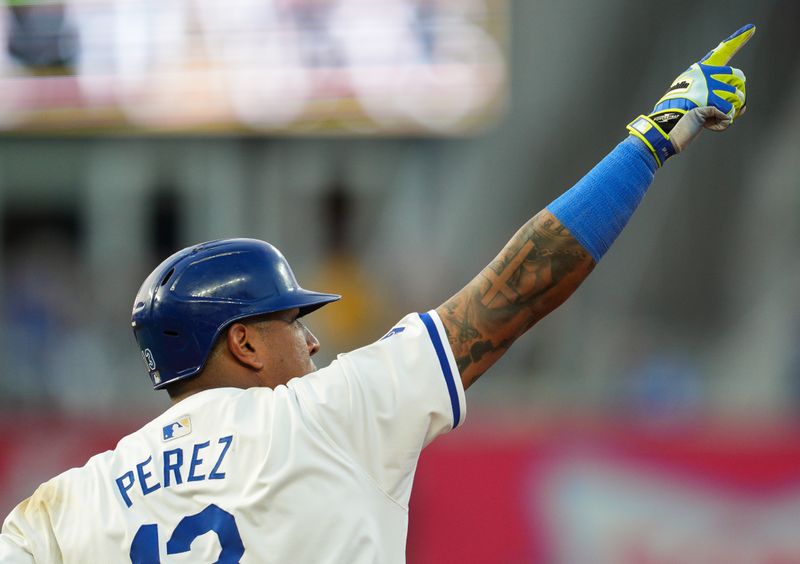 May 20, 2024; Kansas City, Missouri, USA; Kansas City Royals designated hitter Salvador Perez (13) rounds the bases after hitting a home run during the sixth inning against the Detroit Tigers at Kauffman Stadium. Mandatory Credit: Jay Biggerstaff-USA TODAY Sports