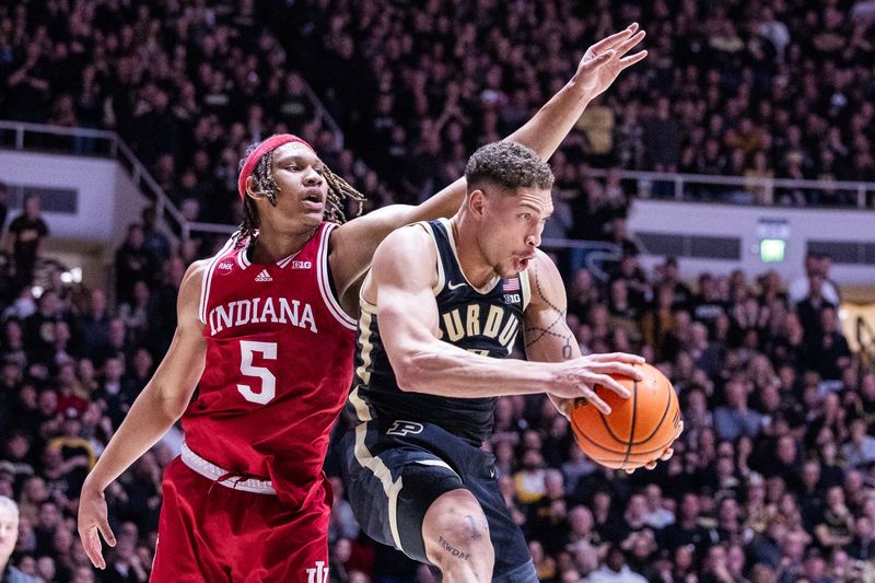 Feb 10, 2024; West Lafayette, Indiana, USA; Purdue Boilermakers forward Mason Gillis (0) rebounds the ball over Indiana Hoosiers forward Malik Reneau (5) in the first half at Mackey Arena. Mandatory Credit: Trevor Ruszkowski-USA TODAY Sports