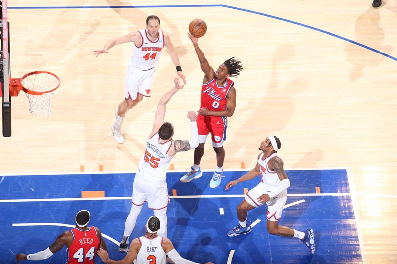 NEW YORK, NY - APRIL 20:  Tyrese Maxey #0 of the Philadelphia 76ers goes to the basket during the game against the New York Knicks during Round 1 Game 1 of the 2024 NBA Playoffs on April 20, 2024 at Madison Square Garden in New York City, New York.  NOTE TO USER: User expressly acknowledges and agrees that, by downloading and or using this photograph, User is consenting to the terms and conditions of the Getty Images License Agreement. Mandatory Copyright Notice: Copyright 2024 NBAE  (Photo by Nathaniel S. Butler/NBAE via Getty Images)