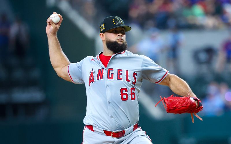 May 19, 2024; Arlington, Texas, USA; Los Angeles Angels pitcher Luis Garcia (66) throws during the ninth inning against the Texas Rangers at Globe Life Field. Mandatory Credit: Kevin Jairaj-USA TODAY Sports