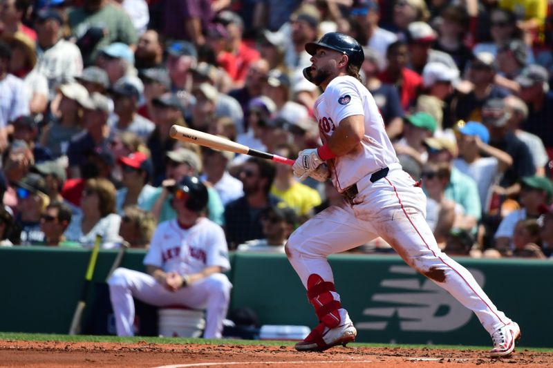 May 26, 2024; Boston, Massachusetts, USA;  Boston Red Sox right fielder Wilyer Abreu (52) hits a triple during the fourth inning against the Milwaukee Brewers at Fenway Park. Mandatory Credit: Bob DeChiara-USA TODAY Sports