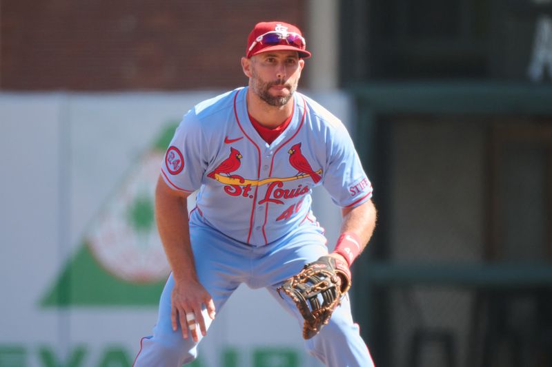 Sep 28, 2024; San Francisco, California, USA; St. Louis Cardinals infielder Paul Goldschmidt (46) plays his position against the San Francisco Giants during the fourth inning at Oracle Park. Mandatory Credit: Robert Edwards-Imagn Images