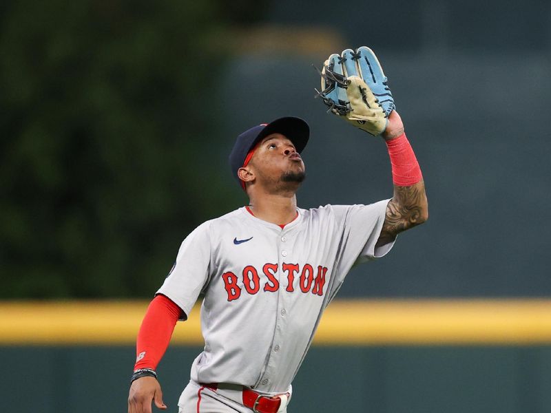 May 8, 2024; Atlanta, Georgia, USA; Boston Red Sox shortstop Ceddanne Rafaela (43) catches a pop-up against the Atlanta Braves in the eighth inning at Truist Park. Mandatory Credit: Brett Davis-USA TODAY Sports