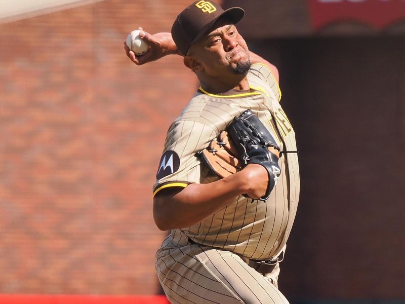 Apr 5, 2024; San Francisco, California, USA; San Diego Padres relief pitcher Wandy Peralta (58) pitches the ball against the San Francisco Giants during the eighth inning at Oracle Park. Mandatory Credit: Kelley L Cox-USA TODAY Sports