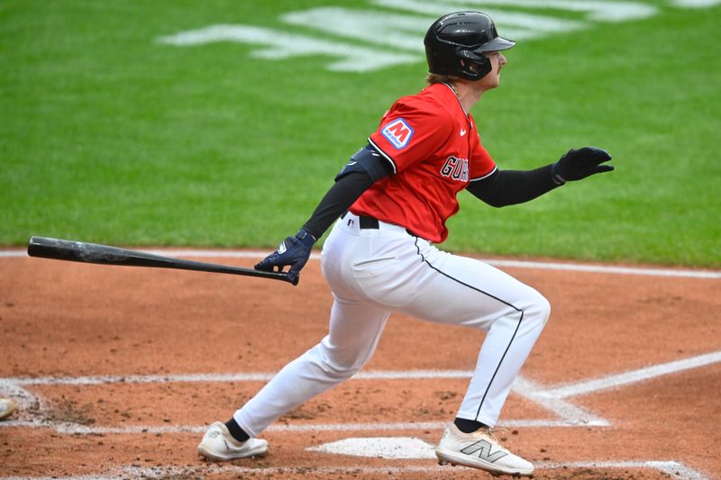 May 12, 2025; Cleveland, Ohio, USA; Cleveland Guardians designated hitter Kyle Manzardo (9) singles in the second inning against the Milwaukee Brewers at Progressive Field. Mandatory Credit: David Richard-Imagn Images
