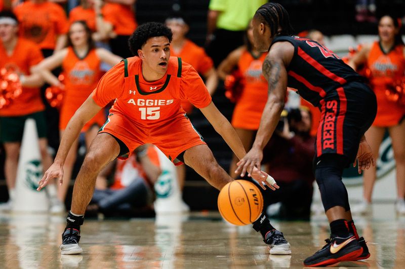 Jan 19, 2024; Fort Collins, Colorado, USA; UNLV Rebels guard Jackie Johnson III (24) controls the ball as Colorado State Rams guard Jalen Lake (15) guards in the second half at Moby Arena. Mandatory Credit: Isaiah J. Downing-USA TODAY Sports