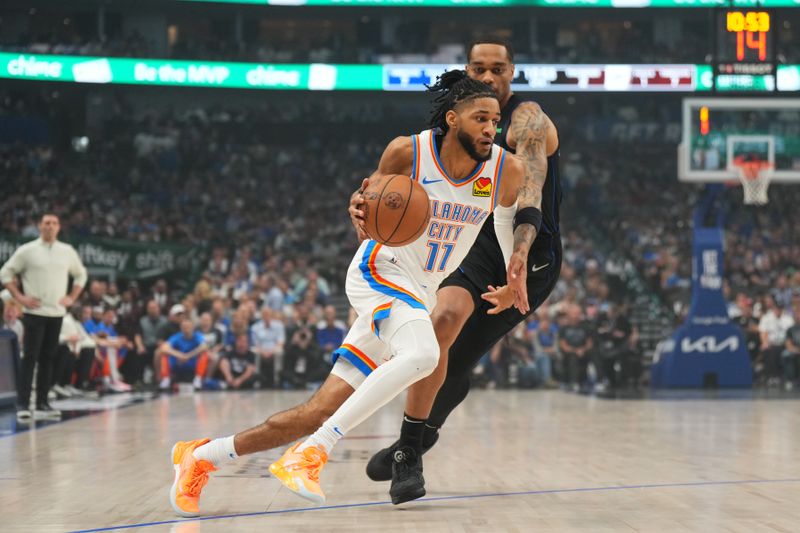 DALLAS, TX - MAY 18: Isaiah Joe #11 of the Oklahoma City Thunder drives to the basket during the game against the Dallas Mavericks during Round 2 Game 6 of the 2024 NBA Playoffs on May 18, 2024 at the American Airlines Center in Dallas, Texas. NOTE TO USER: User expressly acknowledges and agrees that, by downloading and or using this photograph, User is consenting to the terms and conditions of the Getty Images License Agreement. Mandatory Copyright Notice: Copyright 2024 NBAE (Photo by Cooper Neill/NBAE via Getty Images)