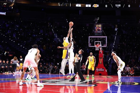 LAS VEGAS, NV - DECEMBER 9: Anthony Davis #3 of the Los Angeles Lakers goes up for the tipoff during the game against the Indiana Pacers during the In-Season Tournament Championship game on December 9, 2023 at T-Mobile Arena in Las Vegas, Nevada. NOTE TO USER: User expressly acknowledges and agrees that, by downloading and or using this photograph, User is consenting to the terms and conditions of the Getty Images License Agreement. Mandatory Copyright Notice: Copyright 2023 NBAE (Photo by Jeff Haynes/NBAE via Getty Images)