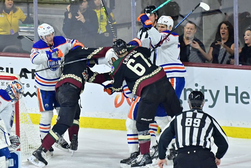 Mar 27, 2023; Tempe, Arizona, USA;  Members of the Arizona Coyotes and the Edmonton Oilers scuffle in the first period at Mullett Arena. Mandatory Credit: Matt Kartozian-USA TODAY Sports