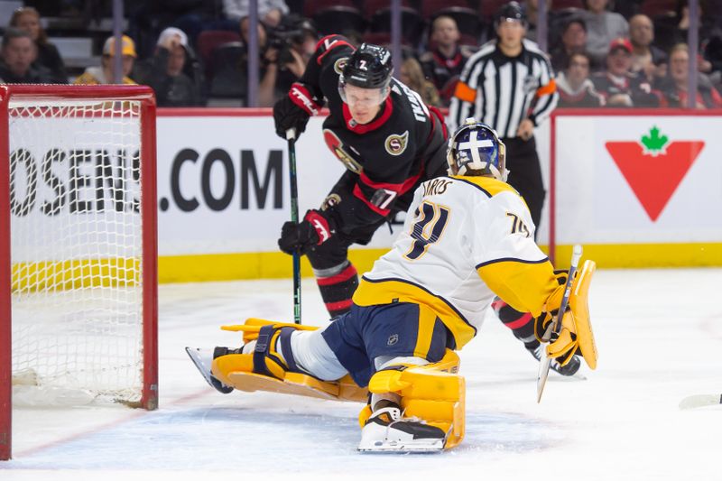 Jan 29, 2024; Ottawa, Ontario, CAN; Nashville Predators goalie Juuse Saros (74) makes a save on a shot from Ottawa Senators left wing Brady Tkachuk (7) in the first period at the Canadian Tire Centre. Mandatory Credit: Marc DesRosiers-USA TODAY Sports