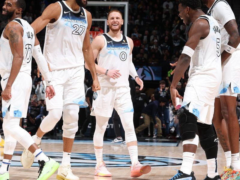 MINNEAPOLIS, MN -  DECEMBER 2: The Minnesota Timberwolves celebrate during the game against the Los Angeles Lakers on December 2, 2024 at Target Center in Minneapolis, Minnesota. NOTE TO USER: User expressly acknowledges and agrees that, by downloading and or using this Photograph, user is consenting to the terms and conditions of the Getty Images License Agreement. Mandatory Copyright Notice: Copyright 2024 NBAE (Photo by David Sherman/NBAE via Getty Images)