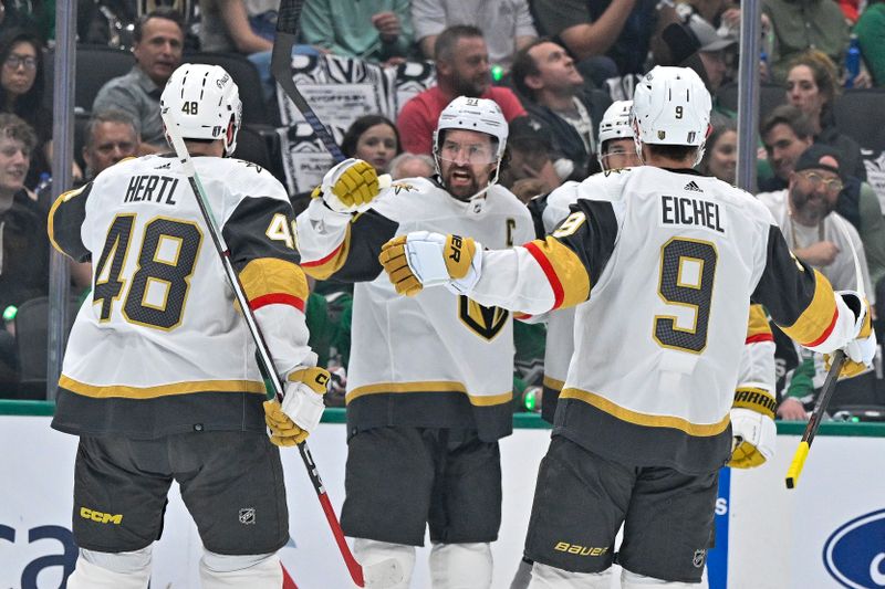 May 1, 2024; Dallas, Texas, USA; Vegas Golden Knights center Tomas Hertl (48) and right wing Mark Stone (61) and center Jack Eichel (9) celebrates a power play goal scored by Stone against the Dallas Stars during the first period in game five of the first round of the 2024 Stanley Cup Playoffs at the American Airlines Center. Mandatory Credit: Jerome Miron-USA TODAY Sports