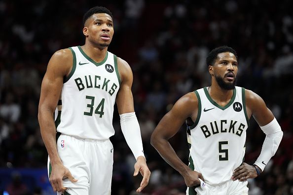 MIAMI, FLORIDA - NOVEMBER 28: Giannis Antetokounmpo #34 and Malik Beasley #5 of the Milwaukee Bucks looks on against the Miami Heat during the NBA In-season Tournament game at Kaseya Center on November 28, 2023 in Miami, Florida. NOTE TO USER: User Expressly acknowledges and agrees that, by downloading and or using this photograh, User is consenting to the terms and conditions of the Getty Images License Agreement. (Photo by Rich Storry/Getty Images)