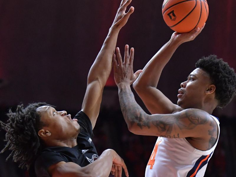 Jan 21, 2024; Champaign, Illinois, USA; Illinois Fighting Illini guard Justin Harmon (4) shoots the ball over Rutgers Scarlet Knights guard Jamichael Davis (1) during the first half at State Farm Center. Mandatory Credit: Ron Johnson-USA TODAY Sports