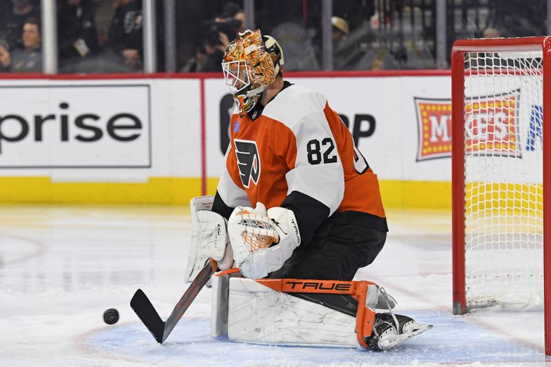 Jan 7, 2025; Philadelphia, Pennsylvania, USA; Philadelphia Flyers goaltender Ivan Fedotov (82) makes a save against the Toronto Maple Leafs during the second period at Wells Fargo Center. Mandatory Credit: Eric Hartline-Imagn Images