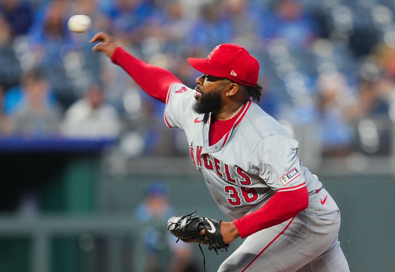 Aug 21, 2024; Kansas City, Missouri, USA; Los Angeles Angels starting pitcher Johnny Cueto (36) pitches during the fourth inning against the Kansas City Royals at Kauffman Stadium. Mandatory Credit: Jay Biggerstaff-USA TODAY Sports