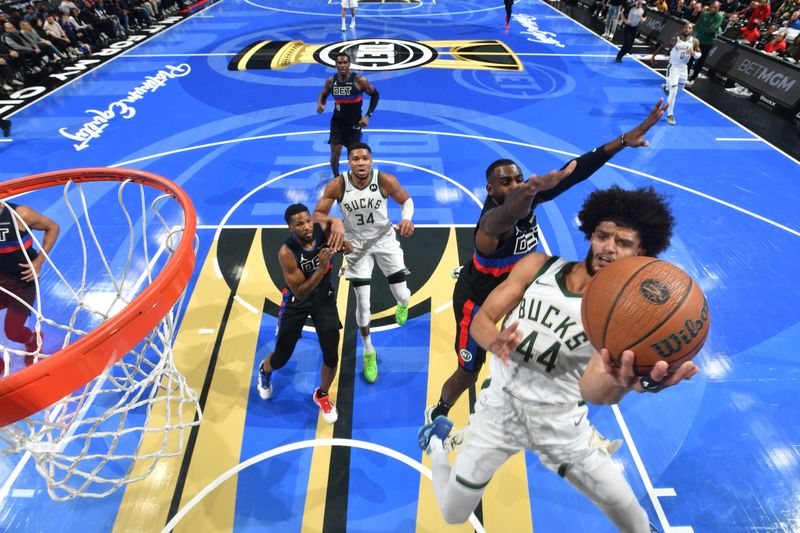 DETROIT, MI - DECEMBER 3: Andre Jackson Jr. #44 of the Milwaukee Bucks drives to the basket during the game against the Detroit Pistons during the Emirates NBA Cup game on December 3, 2024 at Little Caesars Arena in Detroit, Michigan. NOTE TO USER: User expressly acknowledges and agrees that, by downloading and/or using this photograph, User is consenting to the terms and conditions of the Getty Images License Agreement. Mandatory Copyright Notice: Copyright 2024 NBAE (Photo by Chris Schwegler/NBAE via Getty Images)